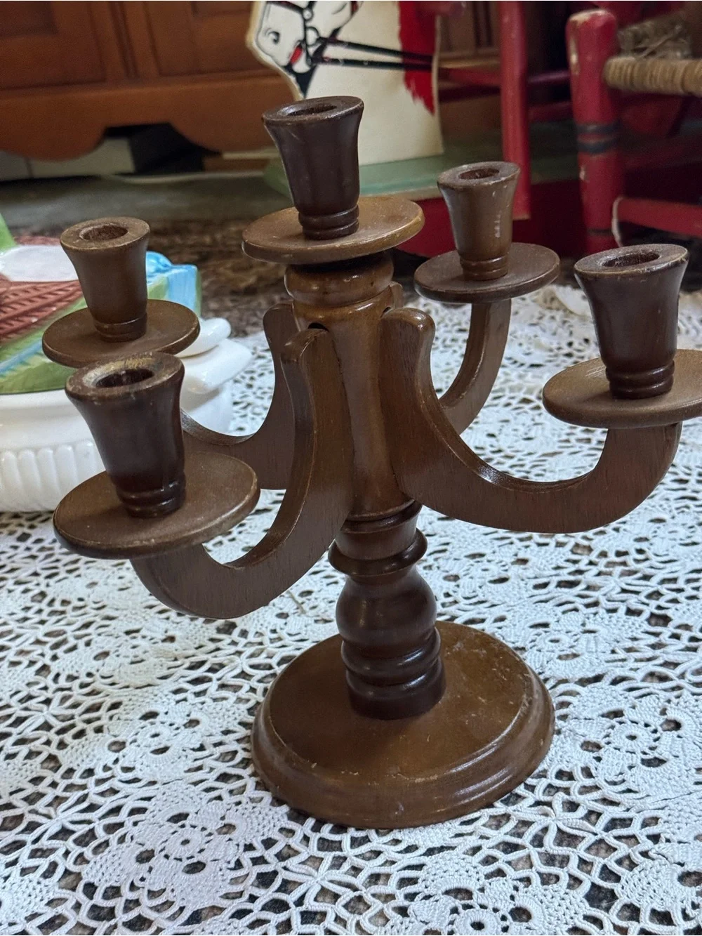 Vintage Wooden 5-Arm Candelabra Candle Holder Mid Century Colonial Decor